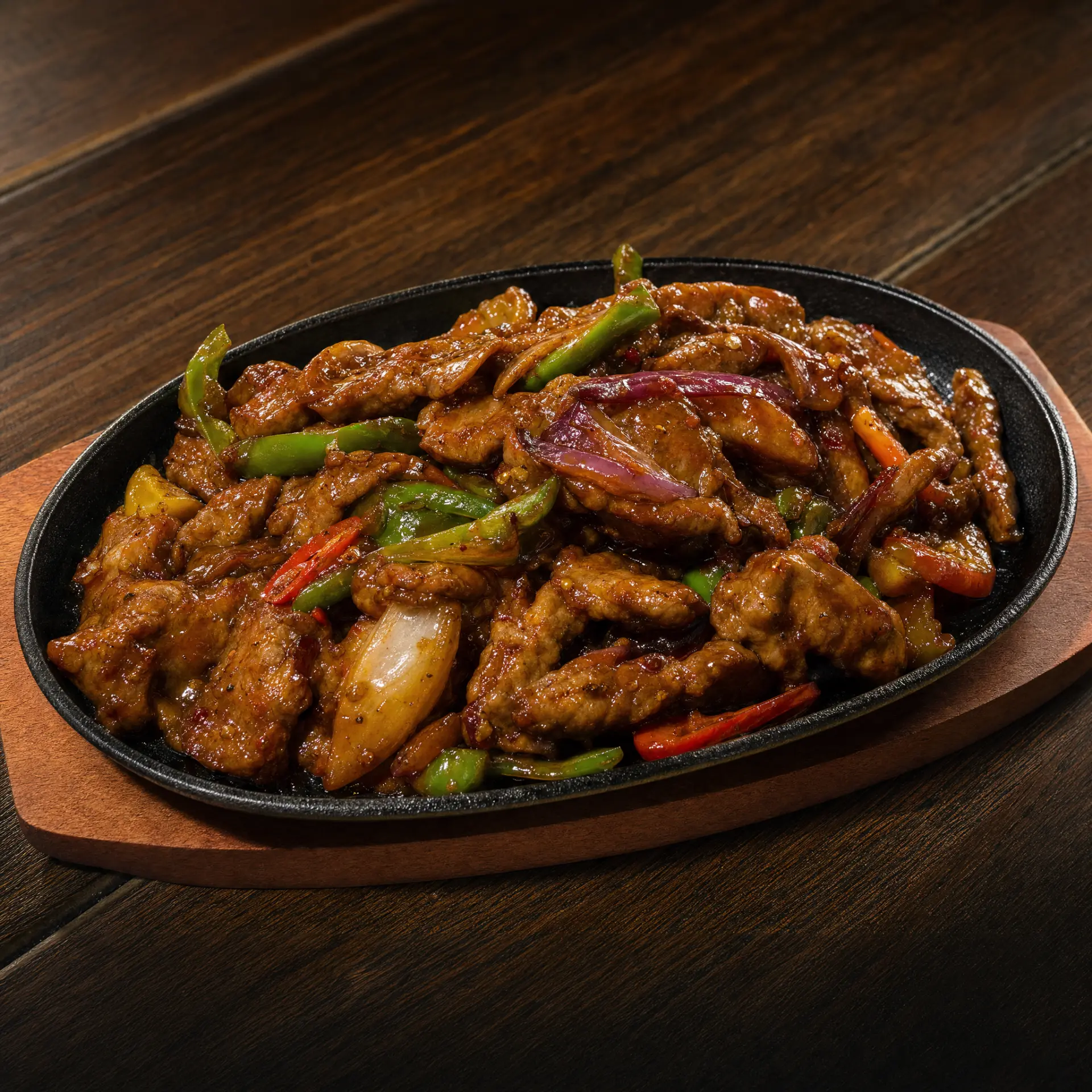 Professional hero image of the same sizzling beef dish